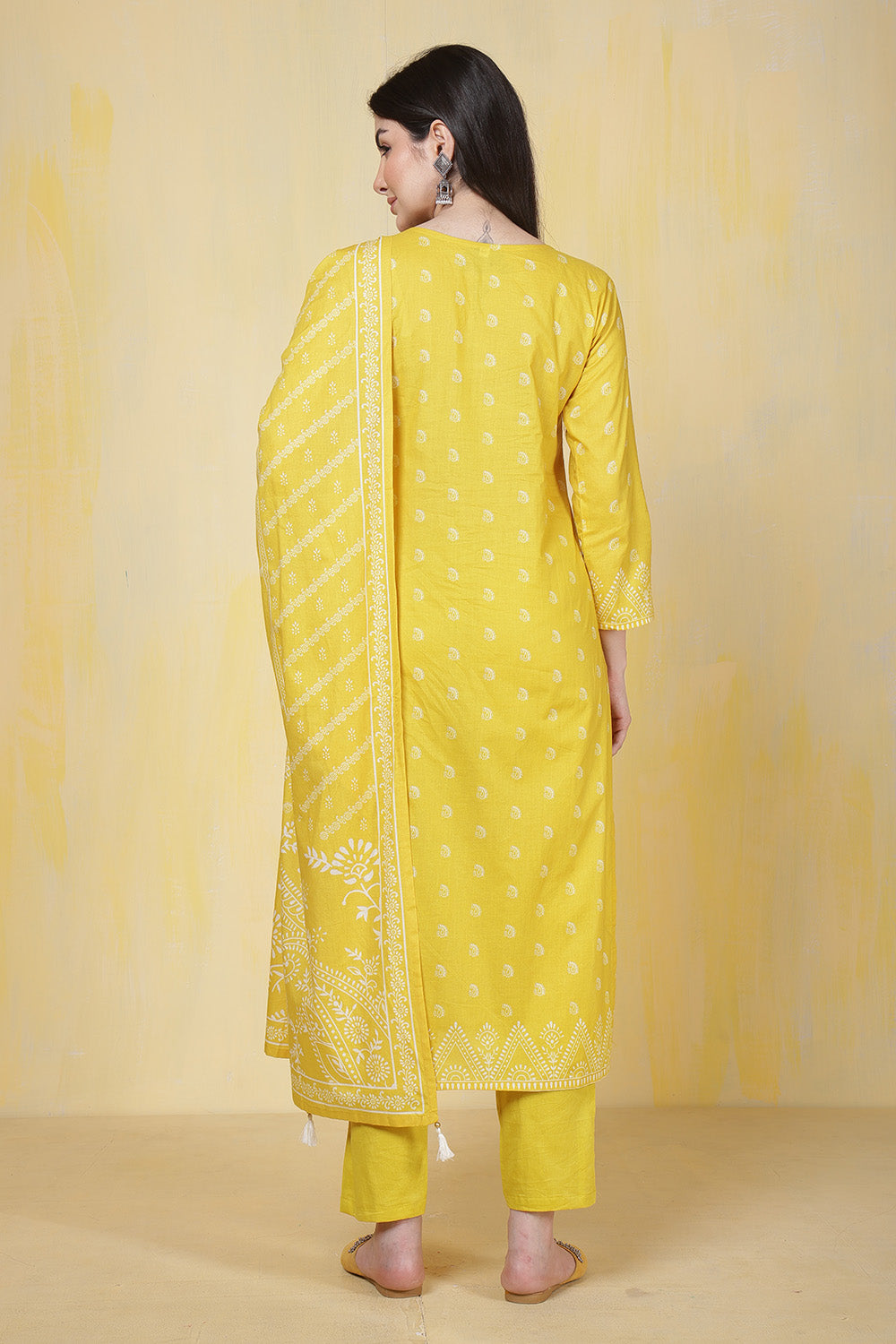 Mustard Cotton Printed & Neck Embroidered Suit