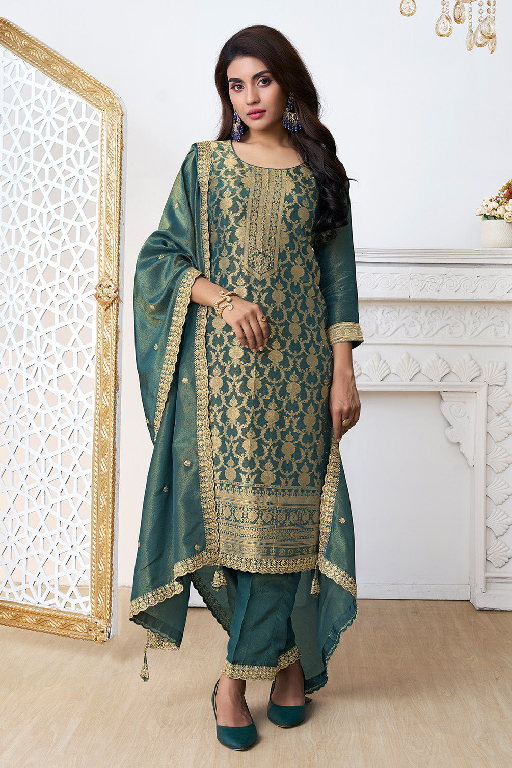 Teal Zari Floral Woven Silk Suit Set