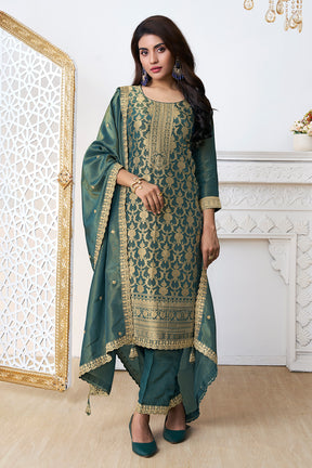Teal Zari Floral Woven Silk Suit Set