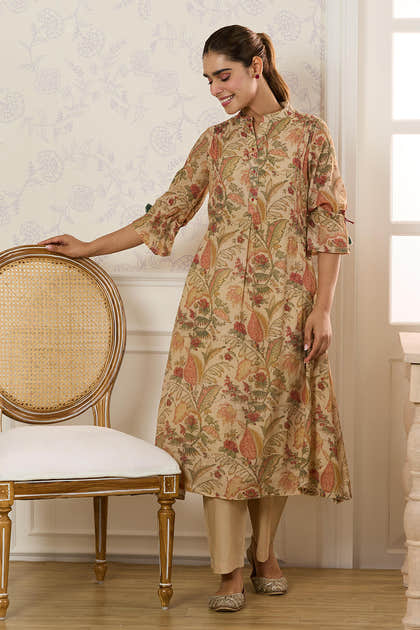 Beige Chanderi Silk Floral Printed Kurta Set