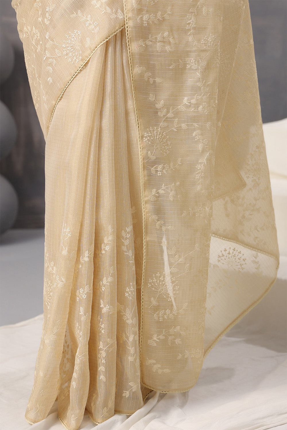 Beige Color Cotton Silk Thread Embroidered Saree