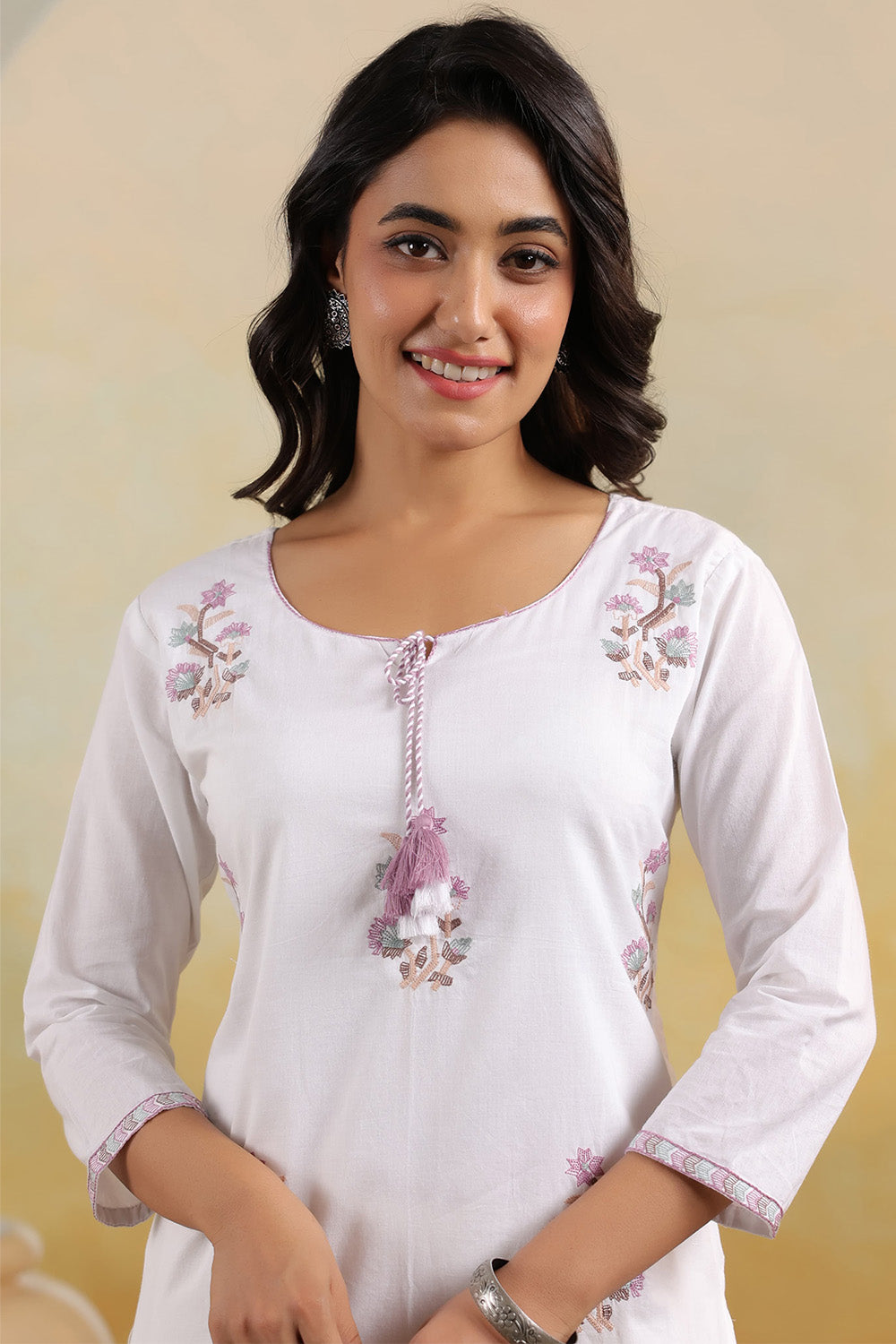White Color Floral Embroidered Kurti