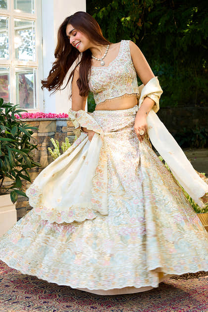 Cream SIlk Embroidered Lehanga