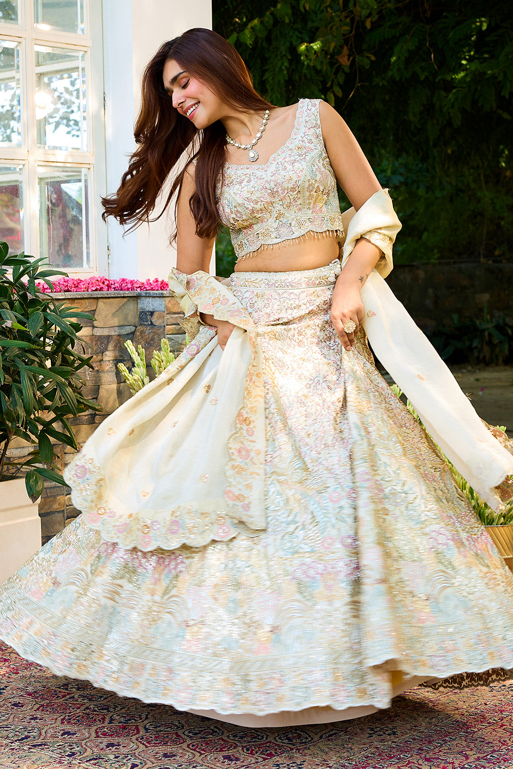 Cream SIlk Embroidered Lehanga