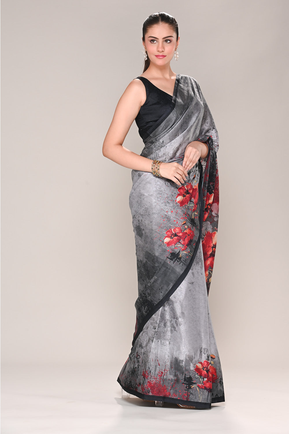Grey Color Jacquard Silk Printed Saree