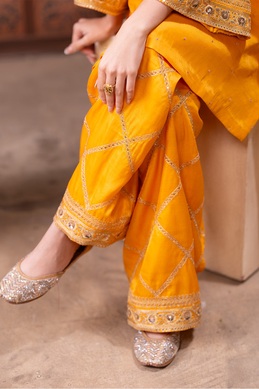 Mustard Zari And Sequins Embroidered Suits With Embroidered Pallazo