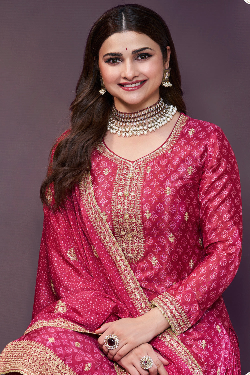 Magenta Pink Color Bandhani Printed & Embroidered Crepe Silk Unstitched Suit Material  With Readymade Palazzo