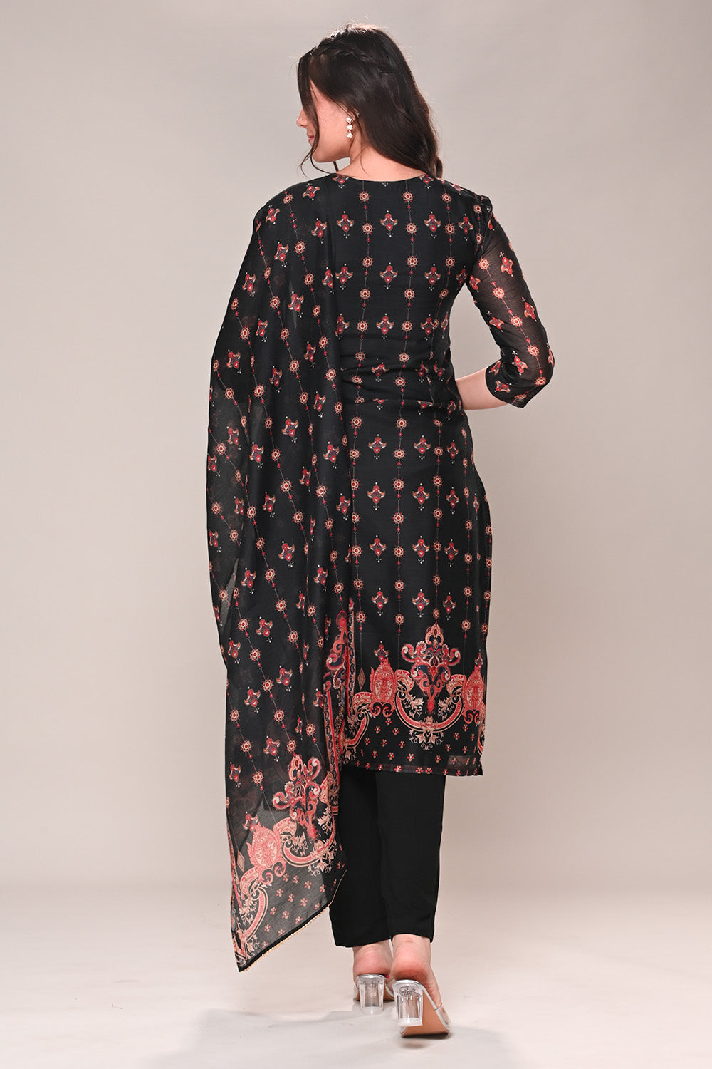 Black Chanderi Silk Printed Straight Suit