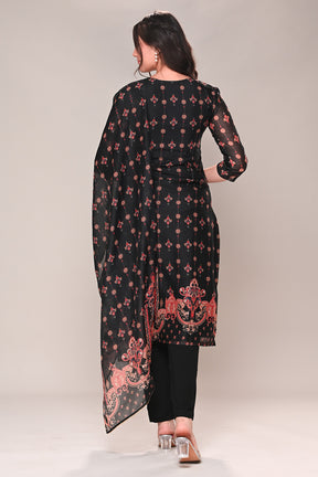 Black Chanderi Silk Printed Straight Suit