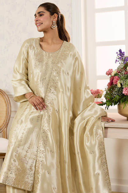 Cream Shisha Silk Work Unstitched Suit Material