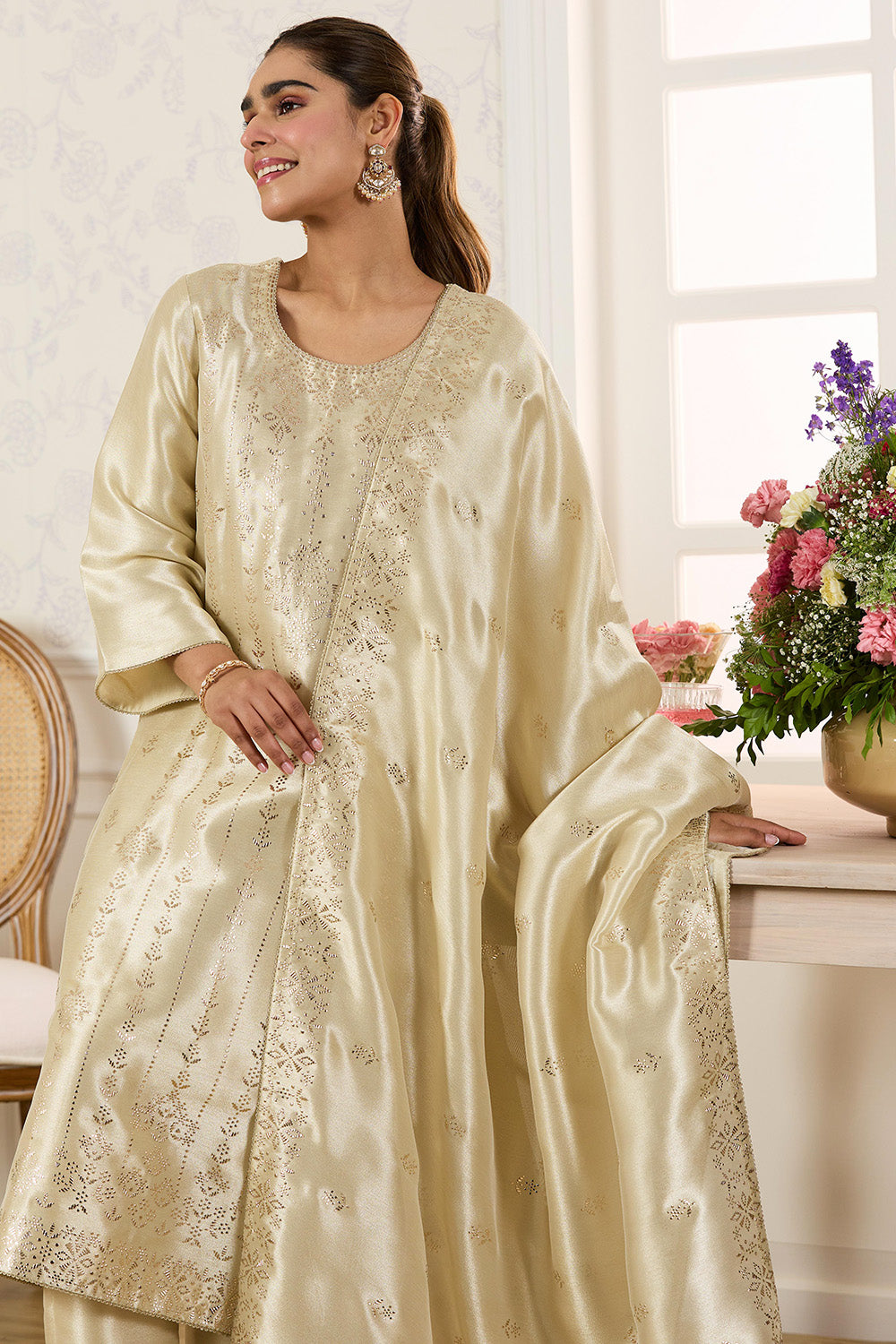 Cream Shisha Silk Work Unstitched Suit Material