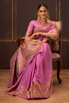 Gajari Color Soft Silk Kalamkari Woven Saree