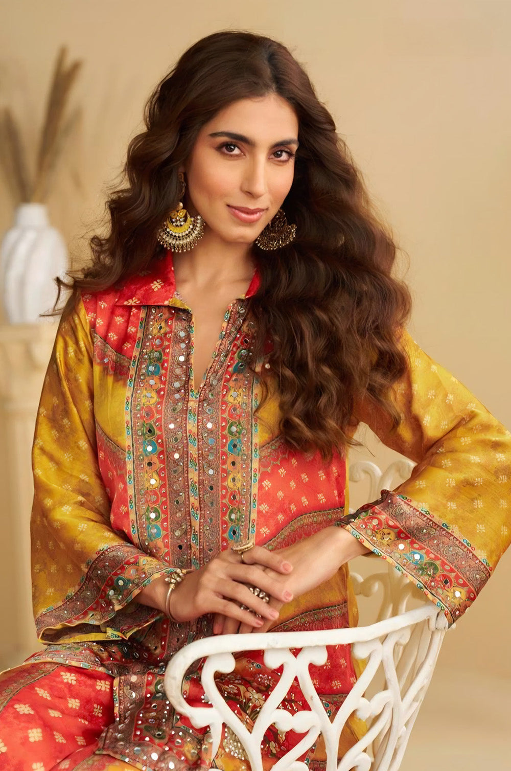 Orange & Yellow Printed Crepe Kurta Set With Palazzo