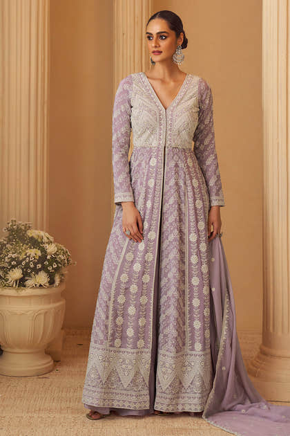 Light Mauve Georgette Resham Embroidered Frount Slit Floor Lenght Suit With Palazzo