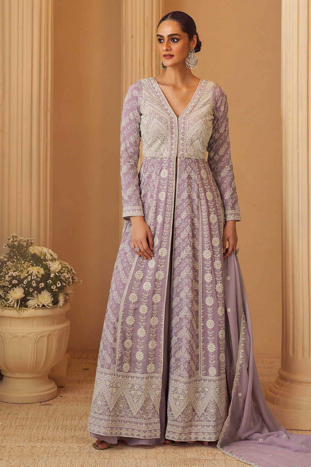 Light Mauve Georgette Resham Embroidered Frount Slit Floor Lenght Suit With Palazzo