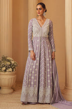 Light Mauve Georgette Resham Embroidered Frount Slit Floor Lenght Suit With Palazzo