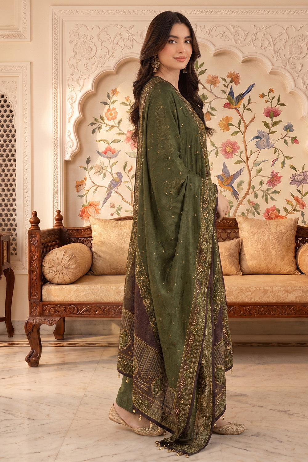Green Crepe Silk Printed and Pitta Handwork Suit