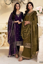 Olive Green Velvet Zari and Sequins Embroidered Unstitched Suit Fabric