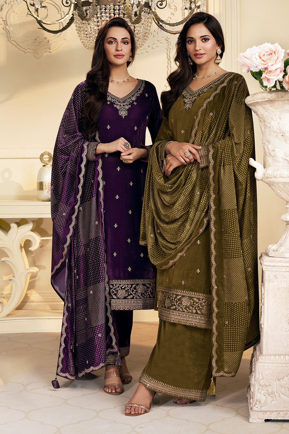 Olive Green Velvet Zari and Sequins Embroidered Unstitched Suit Fabric