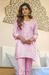 Pink Color Neck Embroidered Cotton Kurti