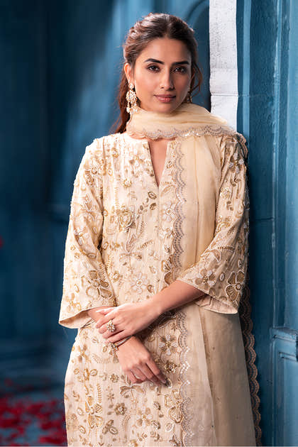 Cream Metallic Tissue Cut-dana And Sequins Embroidered Suits
