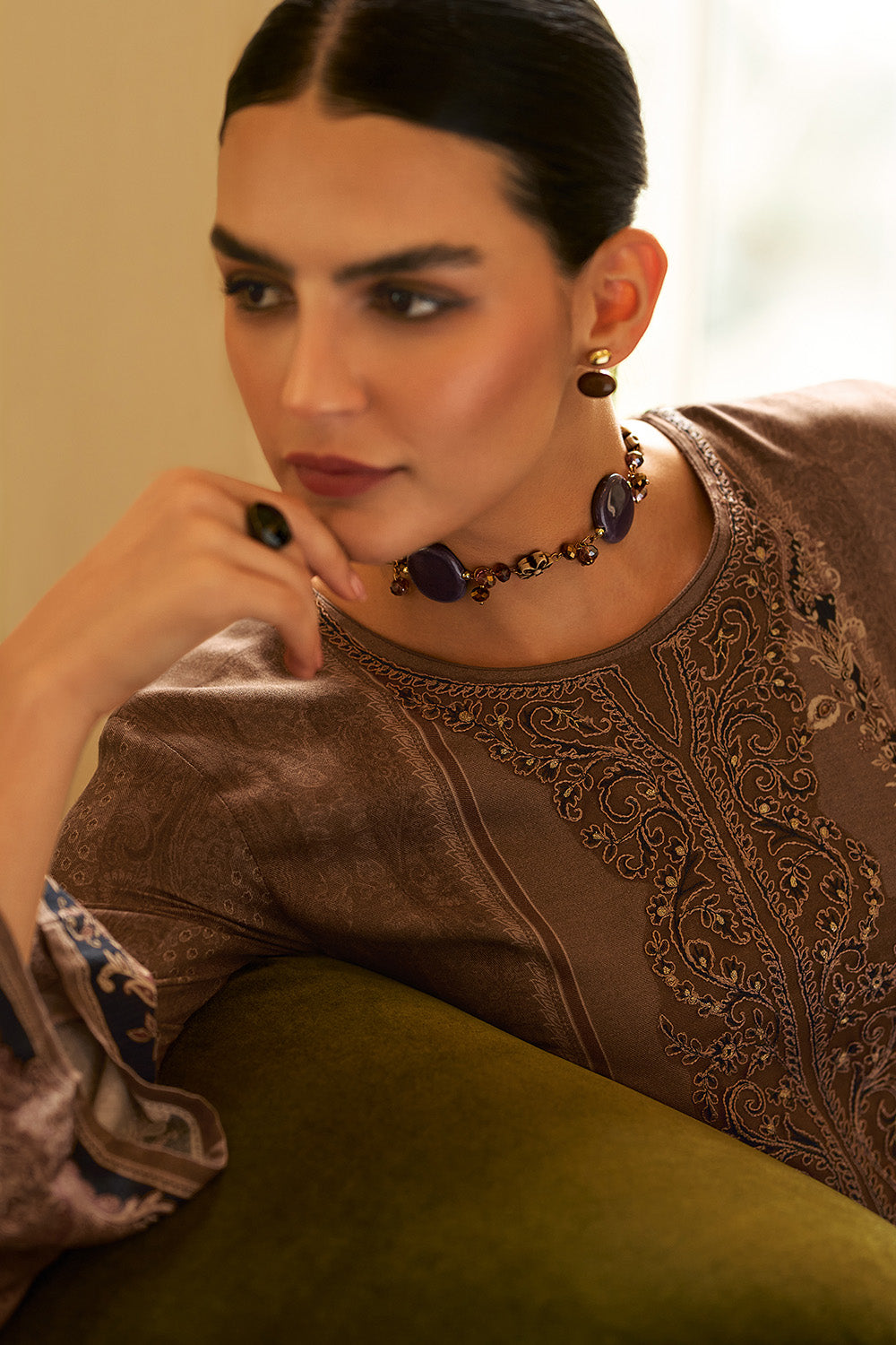 Brown Spun Printed and Embroidered Unstitched Suit Material