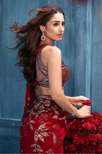 Red Pure Georgette Sequins Floral Embroidered Saree