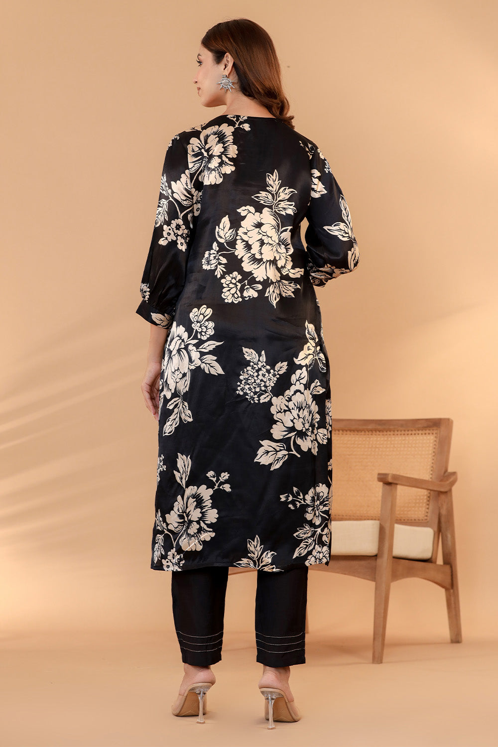Black Color Satin Floral Printed Suit