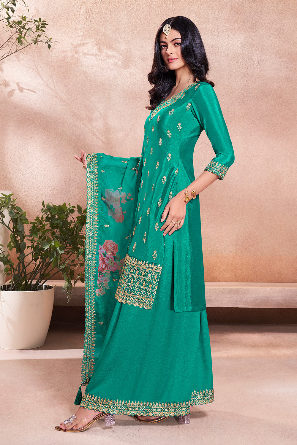 Teal Green Crepe Silk Embroidered Suit With Palazzo