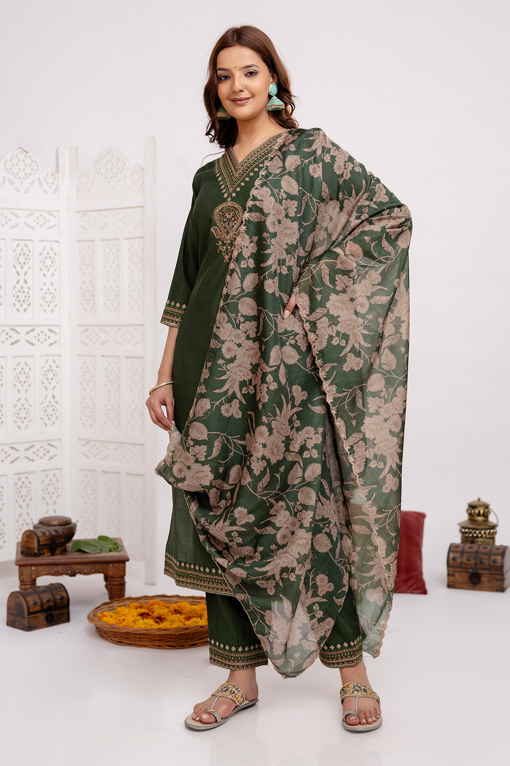 Green Color Resham Embroidered Muslin Straight Suit Set