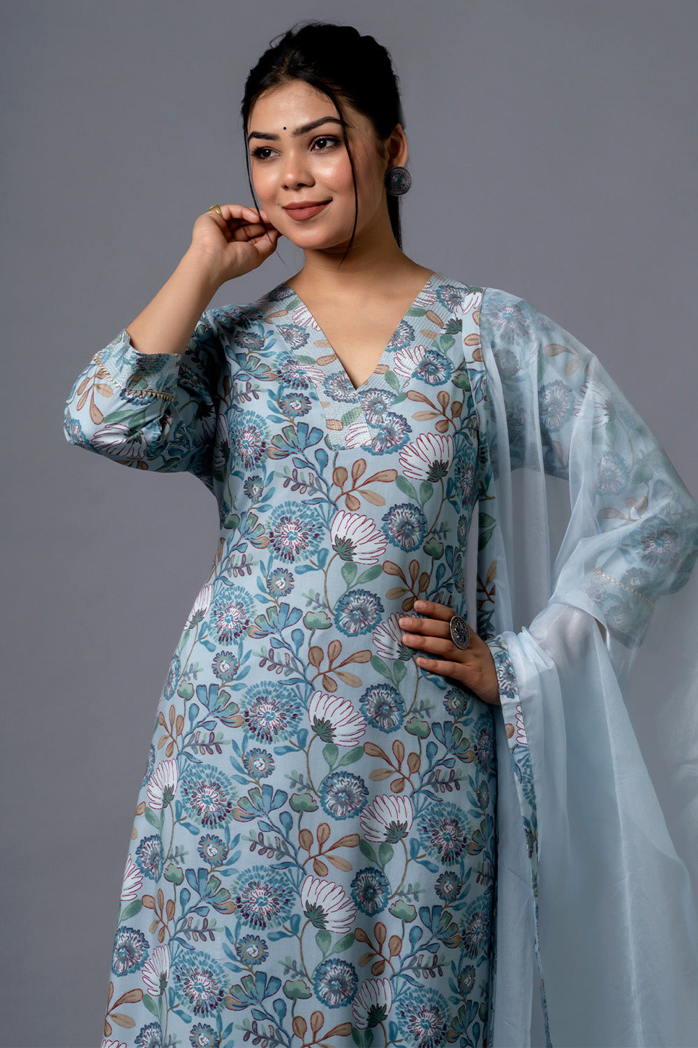 Turquoise Color Floral Printed Cotton Suit