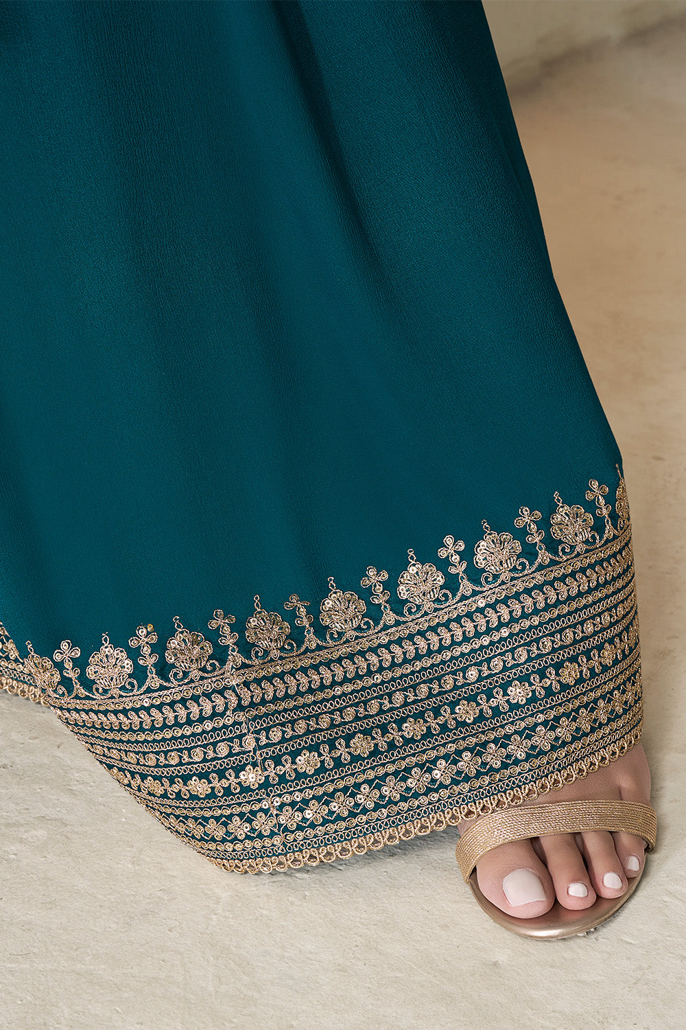 Teal Crepe Silk Zari Embroidered Suit With Embroidered Palazzo
