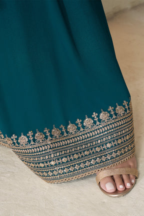 Teal Crepe Silk Zari Embroidered Suit With Embroidered Palazzo