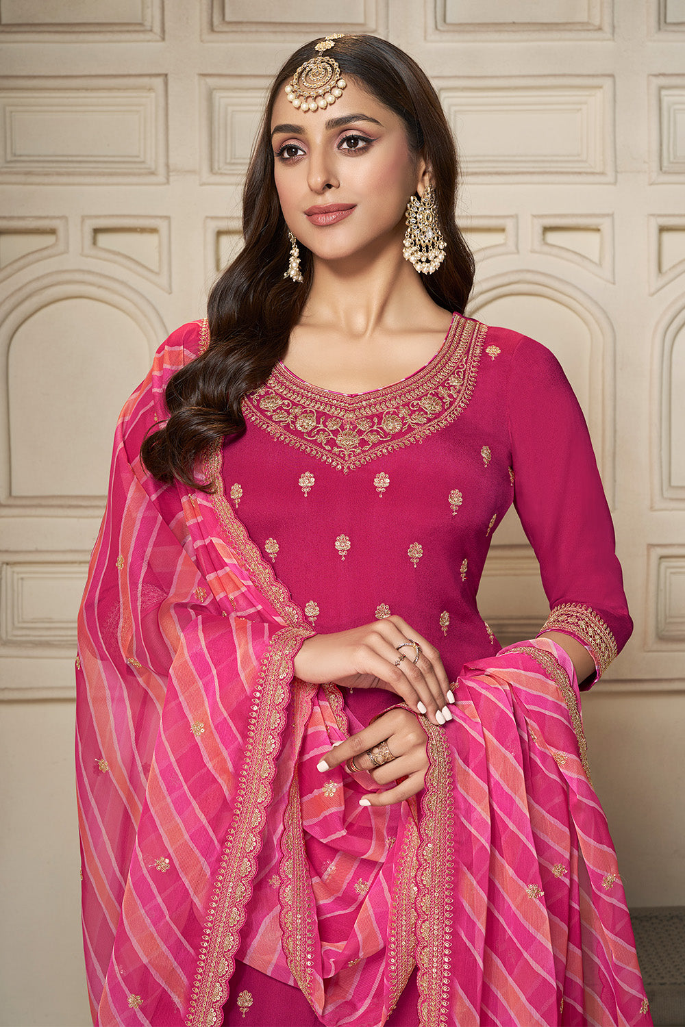 Fuchsia Pink Color Crepe Silk Zari Embroidered Suit With Sharara
