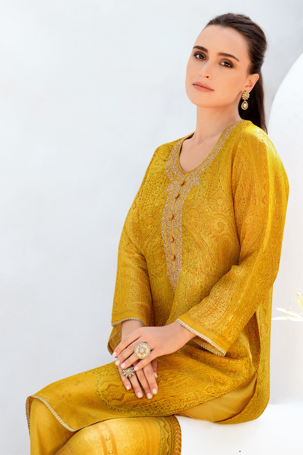 Mustard Color Mantellic Tissue Neck Embroidered Unstitched Suit