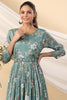 Teal Color Crepe Printed Peonies Dress
