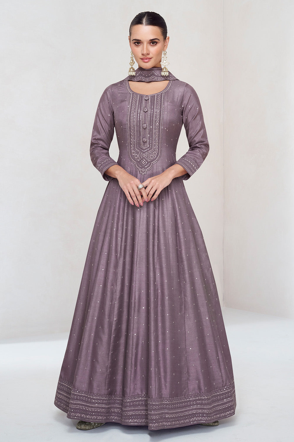 Old Lavender Color Silk Embroidered Anarkali Kurti