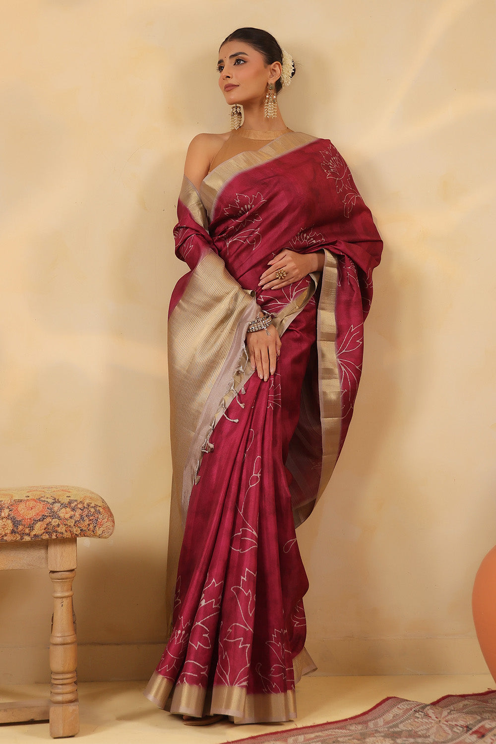 Deep Carmine Floral Printed and Zari Woven Tussar Silk Saree