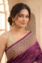 Purple Tussar Silk Printed And Zari Taar Woven Saree
