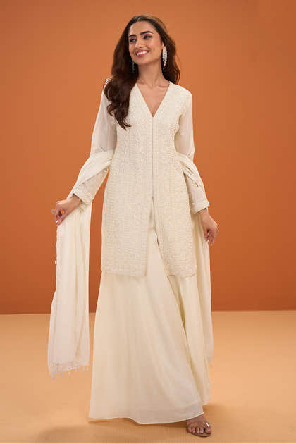 Cream Crepe Silk Embroidered Suit With Palazzo