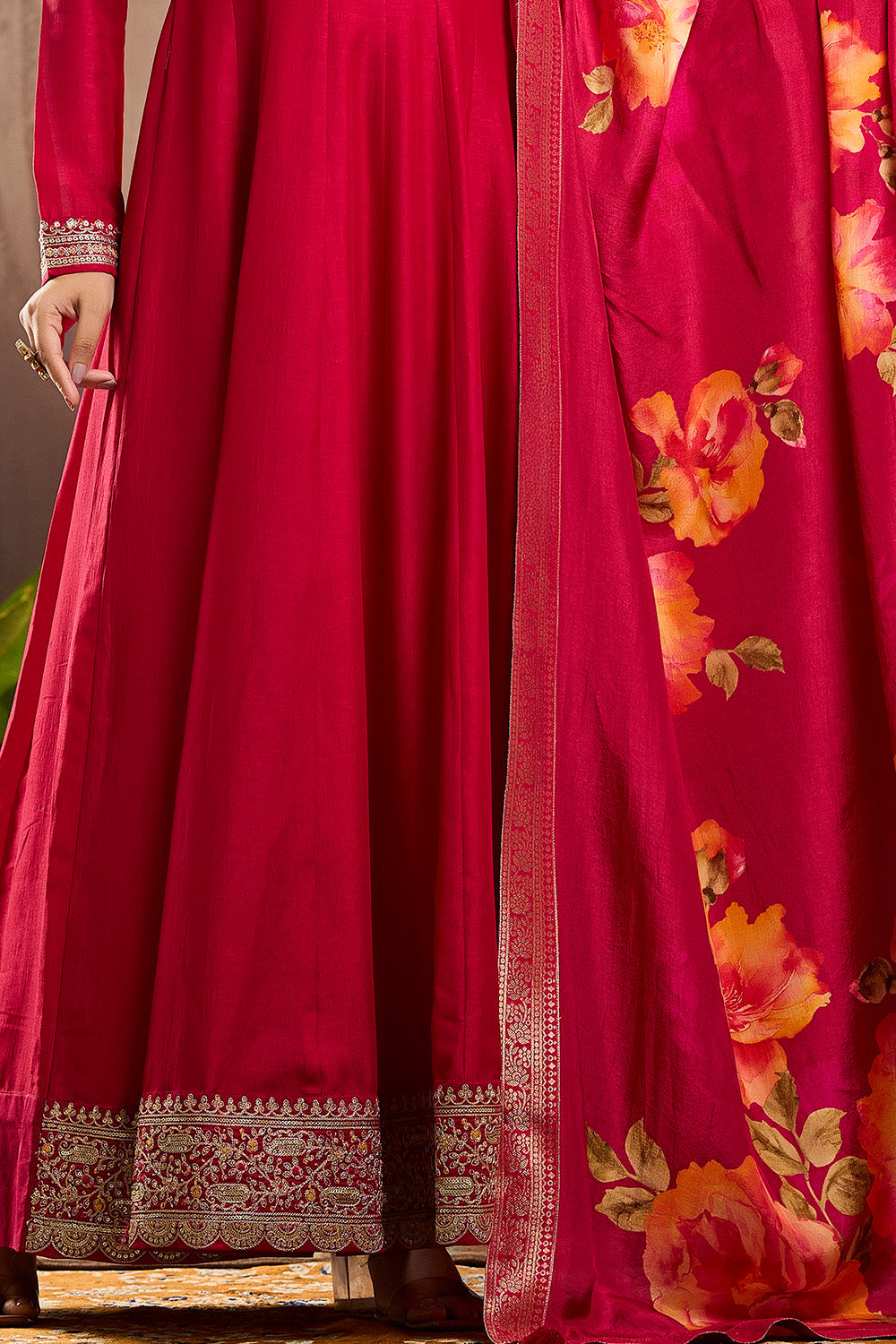 Fuchsia Pink Color Silk Embroidered Anarkali Kurti With Dupatta