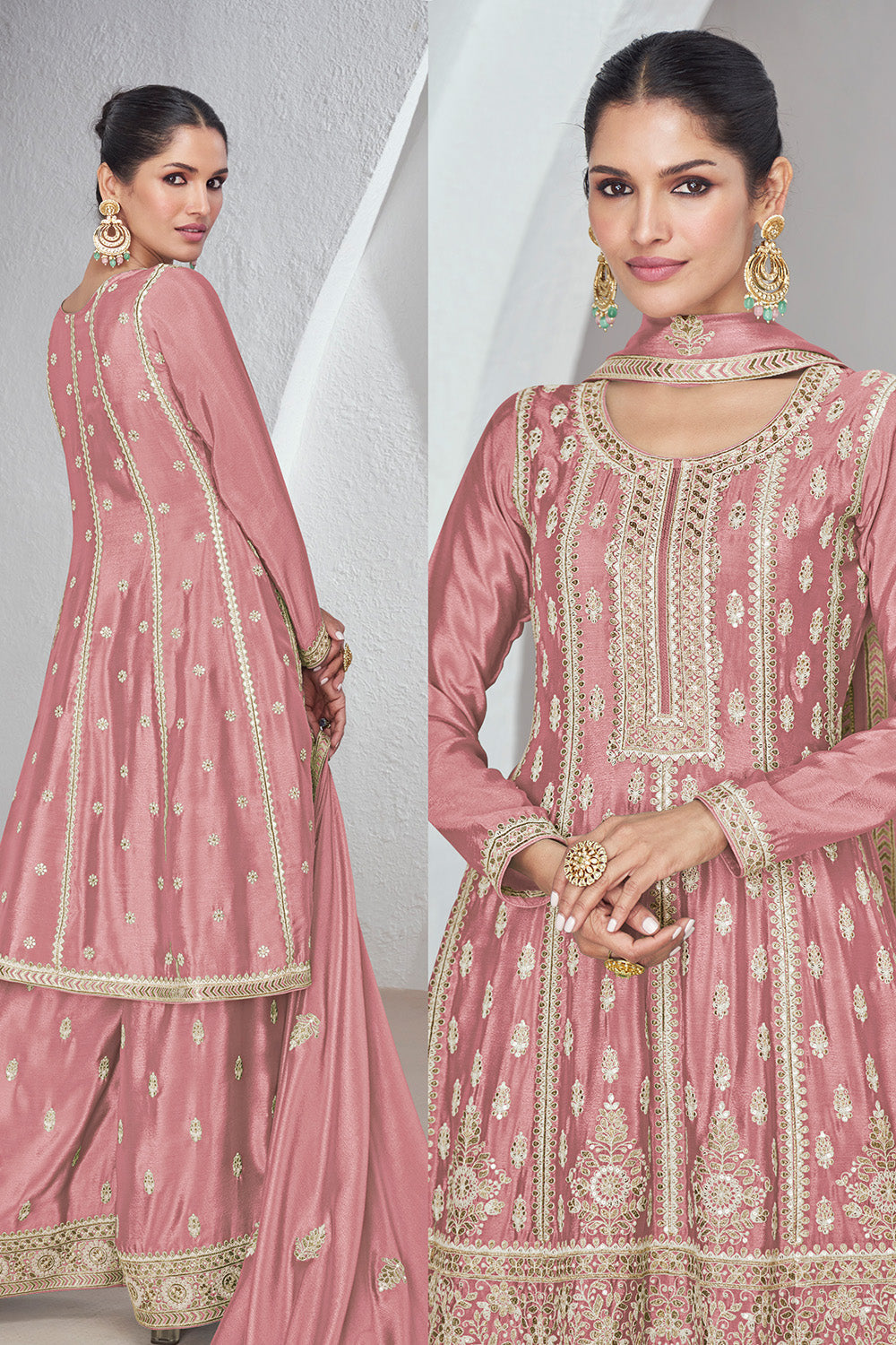 Dusty Pink Color Embroidered Crepe Silk Peplum Suit