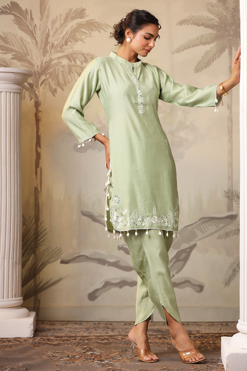 Pista Green Solid Color Muslin Kurta Set