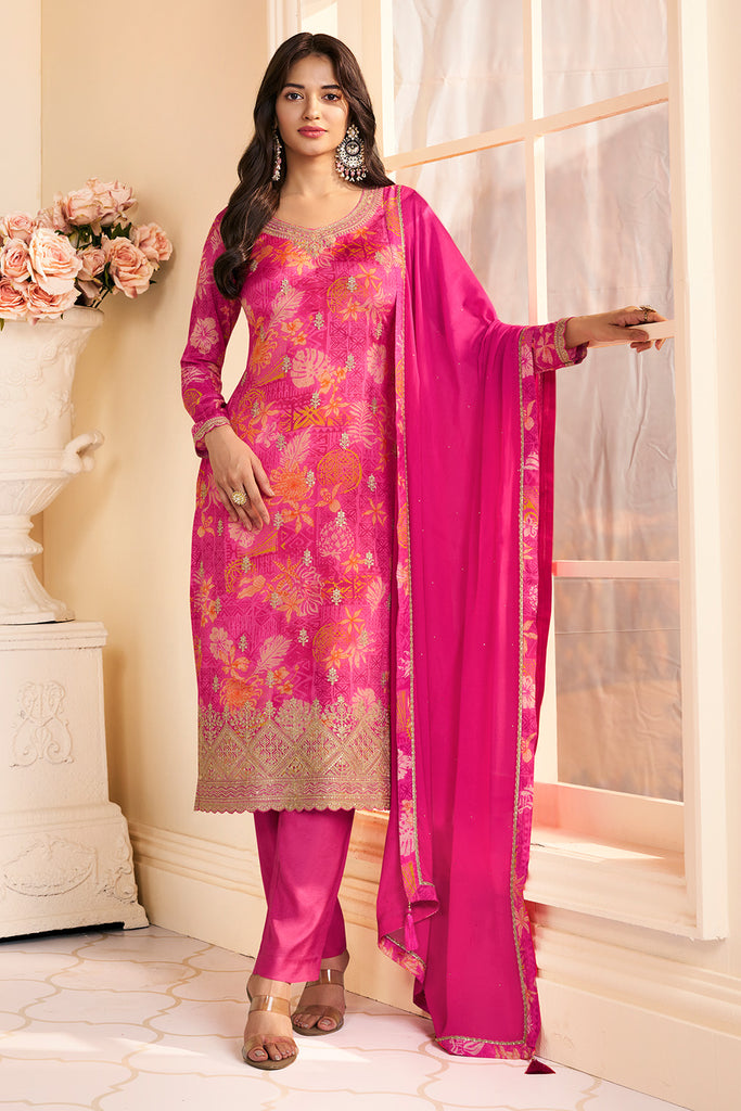 Magenta Pink Chinone Silk Floral Printed And Embroidered Unstitched Suit Fabric