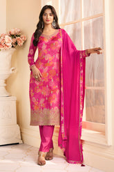 Magenta Pink Chinone Silk Floral Printed And Embroidered Unstitched Suit Fabric