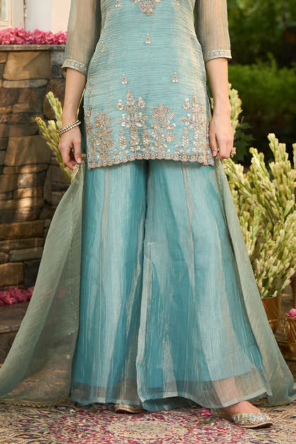 Turquoise Metallic Tissue Embroidered Suit With Palazzo