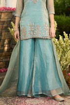 Turquoise Metallic Tissue Embroidered Suit With Palazzo