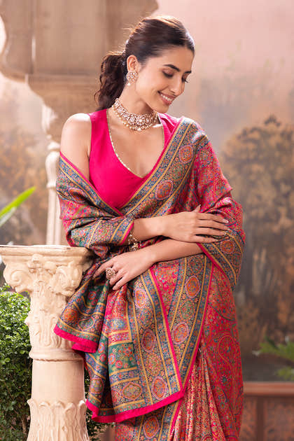 Magenta Pink Position Print Woven Silk Saree