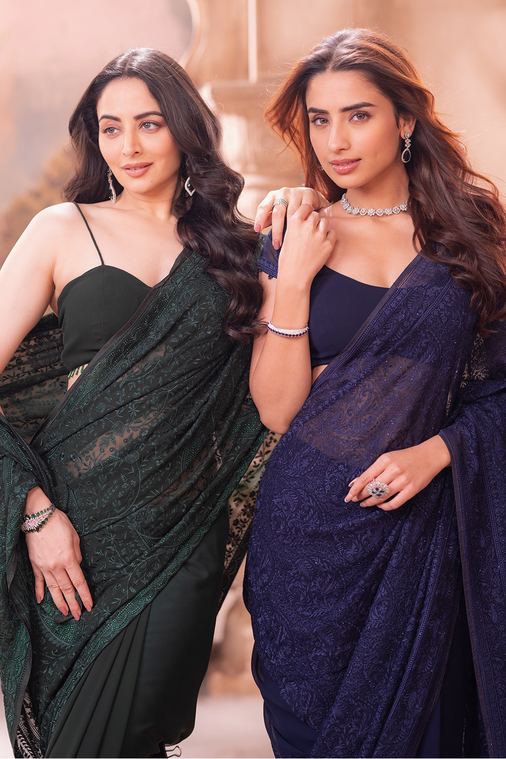 Green Georgette Resham And Swaroski Embroidered Saree