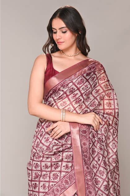 Cream & Rust Color Cotton Silk Printed Saree